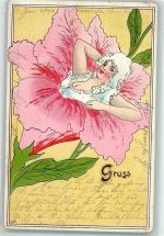 Jugendstil Lithographie Blüte mit Menschengesicht 1899 Gebrauchsspuren