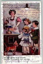 Werbung Graetzinlicht in der Küche , Kinder Dackel Frau beim Kochen Lampe 1929 Künstlerkarte