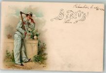 Servus Famos amüsiert Humor Mann mit einer Spitzhacke Tracht 1900 Lithographie / Künstlerkarte