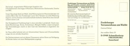 W5948 Fredeburg , Sauerl Fredeburger "Terassenhausam Walde", 2-fach Klappkarte, mit Kurzinfos Gastronomie KEINE AK