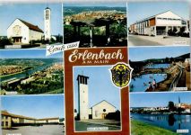 63906 W8765 Erlenbach a. Main - Kirche, Frankenhalle, Schwimmbad, Schule, Mainpartie