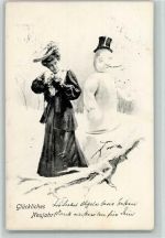 Neujahr - Frau mit einem Ferkel u. Schneemann AK Schneemann 1905