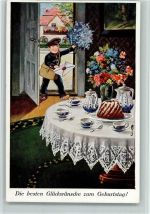 Geburtstag - gedeckter Tisch mit Kuchen AK Postbote 1918