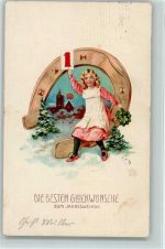 Neujahr - Mädchen mit einem Kalenderblatt AK Hufeisen 1914 Prägedruck