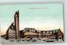 St. Louis AK mit Glitzer Union Station Bahnhof Straßenbahn AK