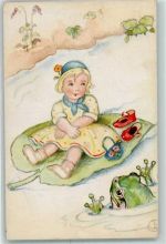 Kind sitzt auf einem Seerosenblatt AK Frosch