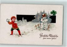 Neujahr - Schneeball werfen AK Schneemann Prägedruck