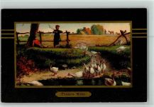 N.K.G. Serie 1250 - Gemälde von Millet 13 - Dorfweiher - gute Erhaltung Landwirtschaft Künstlerkarte