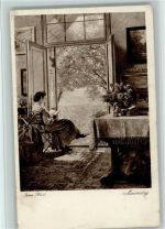 Maientag am Terrassenfenster AK gute Erhaltung Buch lesen Künstlerkarte