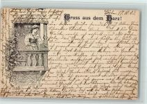 1903 - Federzeichnung - Frau mit einem Vogelkäfige auf dem Balkon AK