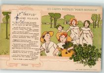 Le Trefle A Quatre Feuilles , das vierblättrige Kleeblatt Kinder singen Jugendstil Liederkarte Motiv Frankreich Lithographie / Künstlerkarte
