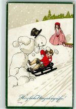 Neujahr Schlitten Kinder Litho Schneemann Prägedruck