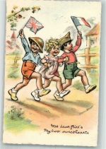sign. Bouret Mädchen mit französischem und englischem Jungen Propaganda WK II 1940 Künstlerkarte