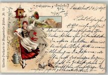 Nr. 15 Taubenhaus Tracht Gießkanne Meggendorfer Blätter 1898 Lithographie / Künstlerkarte