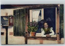 Bauernmädchen - Vogelkäfig mit Nachtigall - 1943 AK Trachten Elsass
