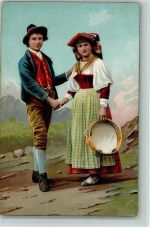Stengel Nr. 19810 - Trachtenpaar mit einem Tamborin 1905 AK Musik