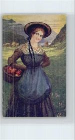 Korb mit Äpfel , Salzburgerin , sign Bouda Trachten Österreich 1913 Künstlerkarte