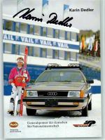 Karin Dedler vor einem Audi 1989 Original Autogramm Ski