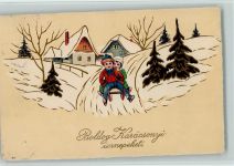 Boldog Karacsonyi ünnepeket Schlitten fahrende Kinder Schlitten Künstlerkarte