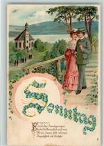 Sonntag mit Vergissmeinnicht - Liebespaar litho ca 1908 AK Tag Prägedruck