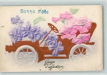 Automobil mit Blumen , Bonne Fete Reliefdruck