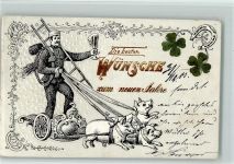Neujahr - Schweine ziehen den Schornsteinfeger AK Schornsteinfeger 1902 Prägedruck