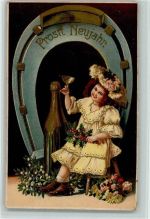 Mädchen mit einer Sektflasche, großes Hufeisen AK Hufeisen 1909 Lithographie / Prägedruck