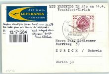 Luftpoststempel mit Erstflug LH 210 am 14.4.1957 Frankfurt - Zürich Lufthansa