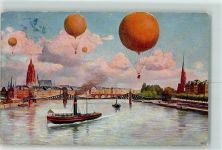 Ballon über der Stadt AK Ballon 1914 Künstlerkarte