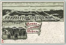 49762 W4474 Wahn 1904 Lithographie Gruss vom Schiessplatz Dienstgebäude