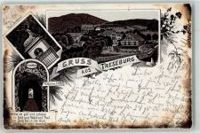 38889 O3721 Treseburg 1900 Lithographie Wilhelms-Blick Pfeil-Denkmal Hirsch