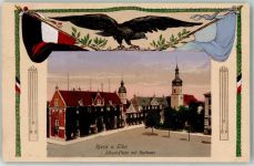 01587 O8400 Riesa 1918 - Albert-Platz mit Rathaus Fahnen