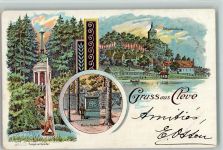 33829 W4807 Cleve 1900 Lithographie Gruss aus - Amphitheater, Moritz Denkmal, Springbrunnen , gute Erhaltung AK