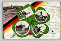 07907 O6550 Schleiz 1903 Lithographie Gruss aus - Bilder der Stadt im Kleeblatt und Fahnenband schwarz-rot-gold