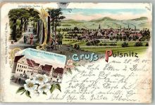 01896 O8514 Pulsnitz 1900 Gebrauchsspuren Denkmal Rietschel Marktplatz Schloss- Gartenparie Lithographie