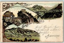 87459 W8962 Pfronten 1898 Lithographie Burg-Hotel Falkenstein mit der Ruine