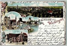 71332 W7050 Waiblingen , Rems 1906 Gebrauchsspuren Rathausplatz Beinsteiner Tor-Turm mit Rems Sauturm mit Rems Seerosen Turnhalle Lithographie