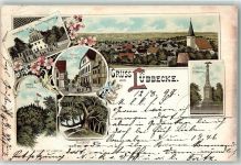 32312 W4990 Lübbecke , Westf 1897 Lithographie Kriegerdenkmal Wartturm Hotel Deutsches Haus Marktplatz Rathaus