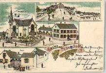 67158 W6701 Ellerstadt Gebrauchsspuren Lithographie Kirche Kriegerdenkmal Post Schule Dorfstrasse beschnitten