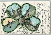 14542 O1512 Werder Havel 1900 Gebrauchsspuren Kirche Rathaus marktplatz Denkmal Unter den Linden Mühlenblick Pferdestraßenbahn Windmühle Ruderboot Schiff Kleeblatt Lithographie
