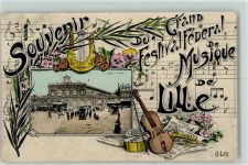 59000 Lille 1911 Lithographie Bahnhof Oldtimer Gitarre Trompete Trommel