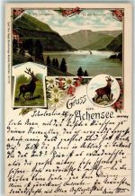 6215 Achenkirch 1897 Lithographie Blick v. Scholastika ü. d. Achensee Hirsch Gams