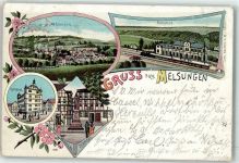 34212 W3508 Melsungen 1902 Gebrauchsspuren Kriegerdenkmal Rathaus Bahnhof Litho