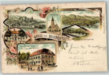 79395 W7844 Neuenburg am Rhein 1899 Lithographie Rathaus Stadtkirche Schiff- u. Eisenbrücke Gasthaus zur Krone