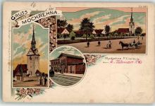 04862 O7281 Mockrehna Gebrauchsspuren Bahnhof Chorturmkirche Lithographie