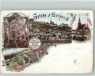04758 O7261 Leisnitz 1898 Gebrauchsspuren St. Matthai-Kirche Kircheninneres Bahnhof Lithographie