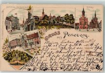 19348 O2910 Perleberg 1896 Lithographie Bäckerstraße Hotel Deutscher Kaiser Marktplatz Kriegerdenkmal