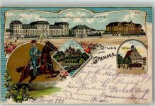 04668 O7240 Grimma 1911 Lithographie Kaserne des Husaren Regiments Königin Karola Nr 19 Gattersburg Rathaus Soldat Kavallerie