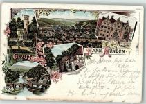 34346 W3510 Hann. Münden 1901 Lithographie Tilly-Schanze Weserbrücke Rathaus