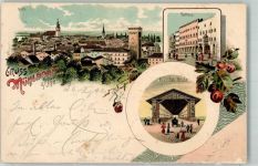84453 W8260 Mühldorf a. Inn 1910 Gebrauchsspuren Lithographie Rathaus Maximilian-Brücke Kirschen